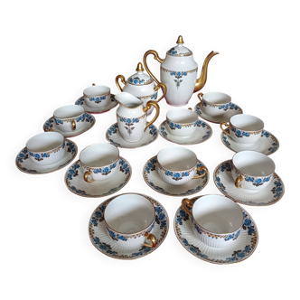Antique Limoges porcelain coffee/tea service – 14 pieces with blue rose decoration.