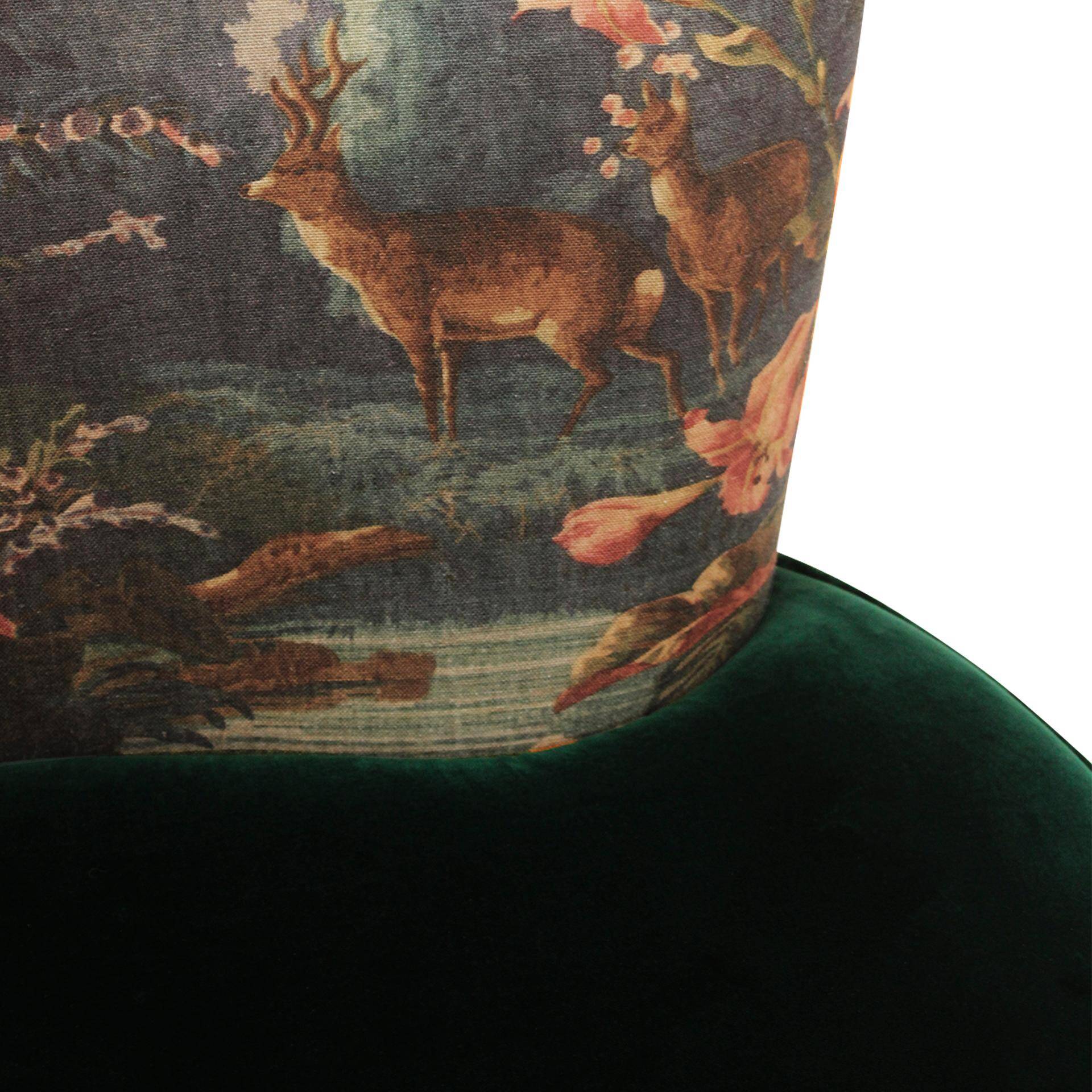 Modern Mid-Century Style Green and Forest Motif Linen and Velvet Armchair France