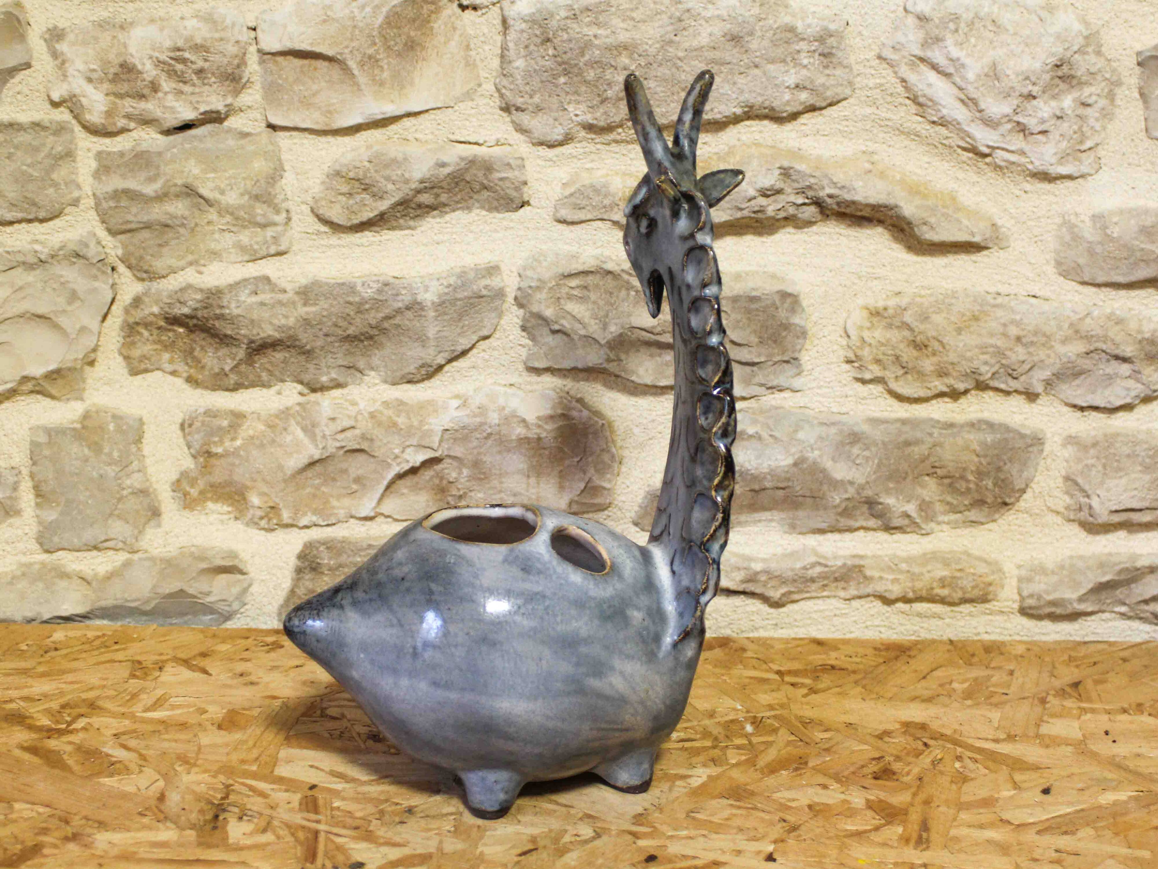Zoomorphic glazed ceramic flower holder by Jean-Claude Raybaud