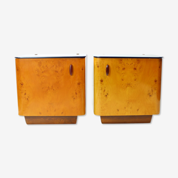 Ensemble de deux tables de chevet en bois et verre, Tchécoslovaquie 1940s