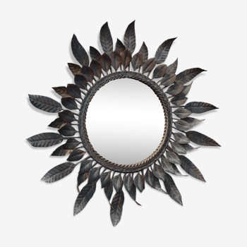 Miroir ancien soleil feuilles laiton Minorque 46cm