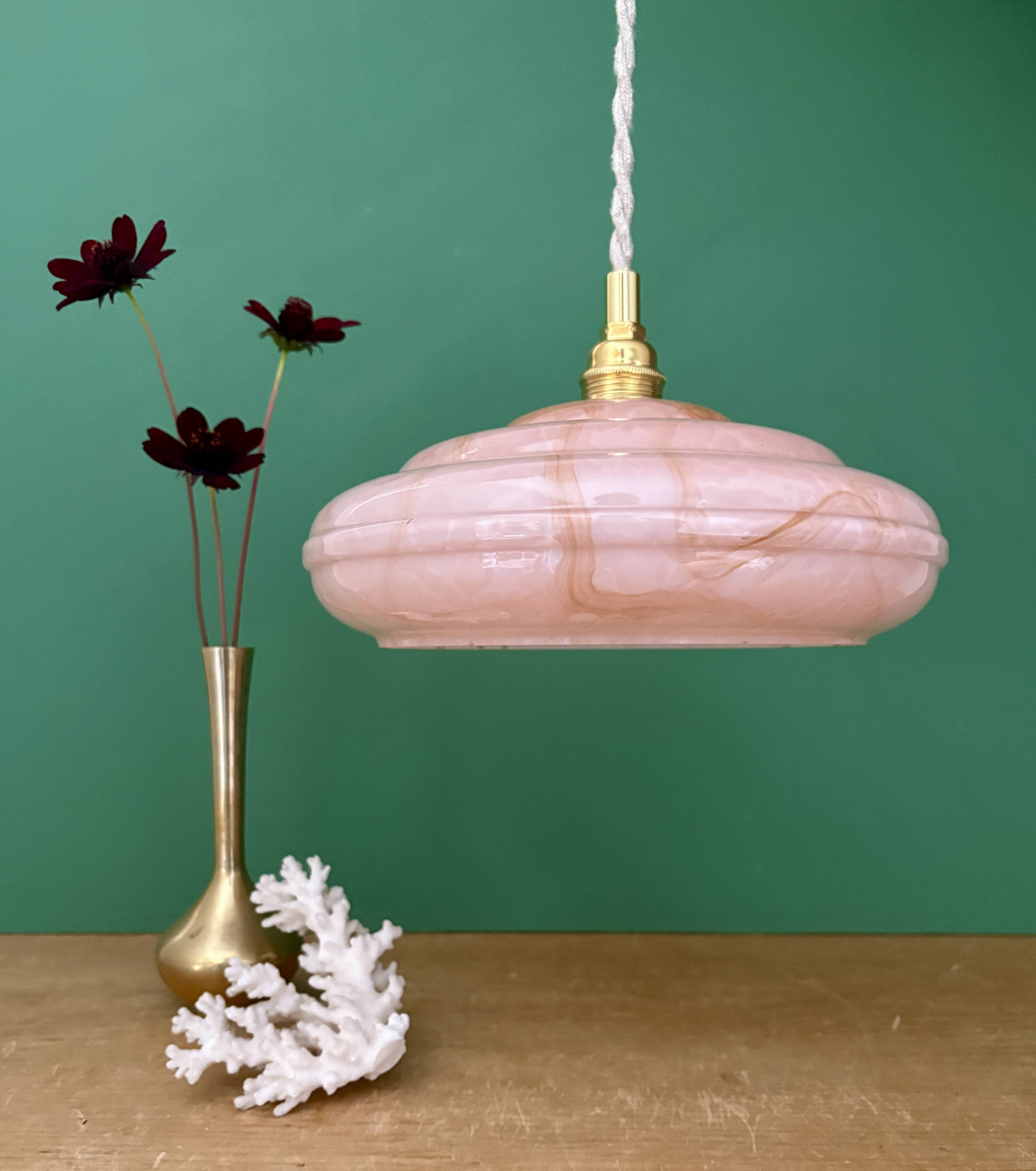 Vintage pink Clichy glass pendant lampshade with marbled effect
