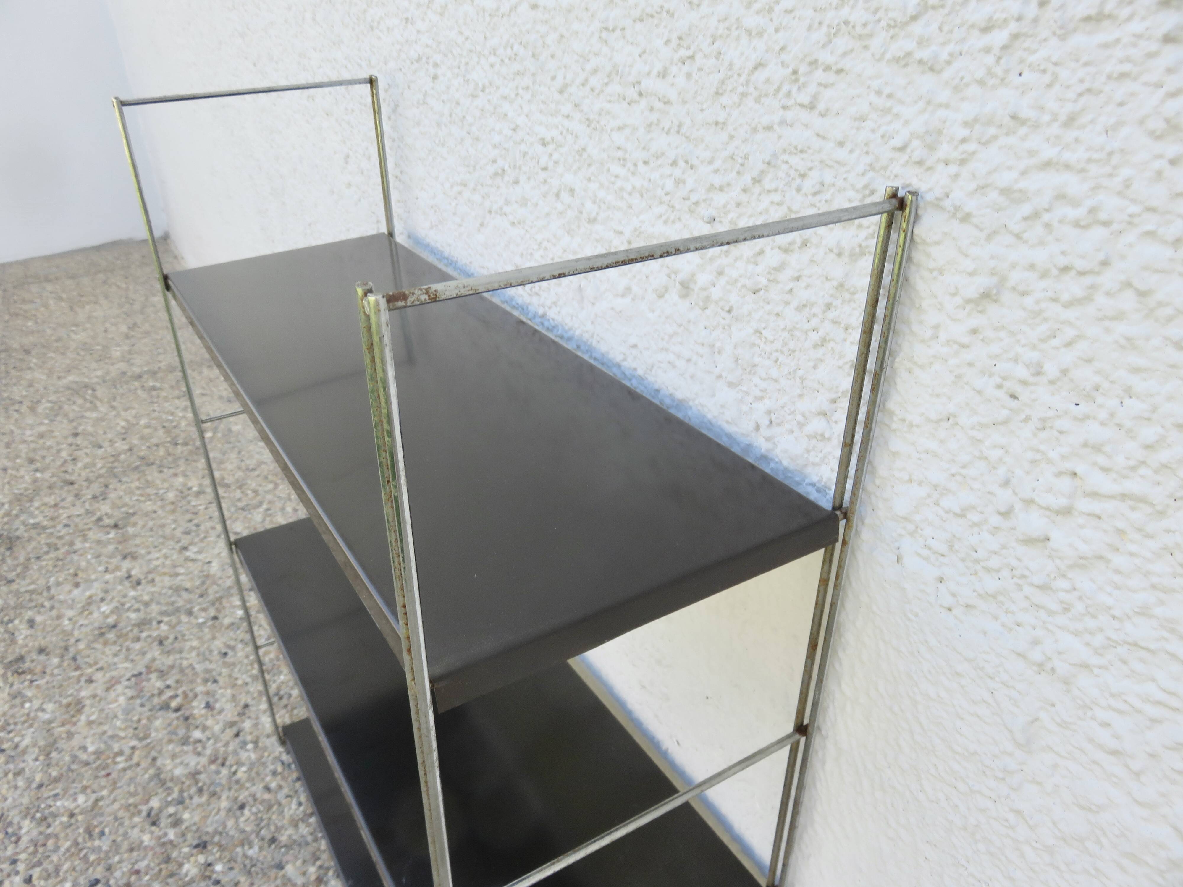 Modular String shelf in chrome and brown metal