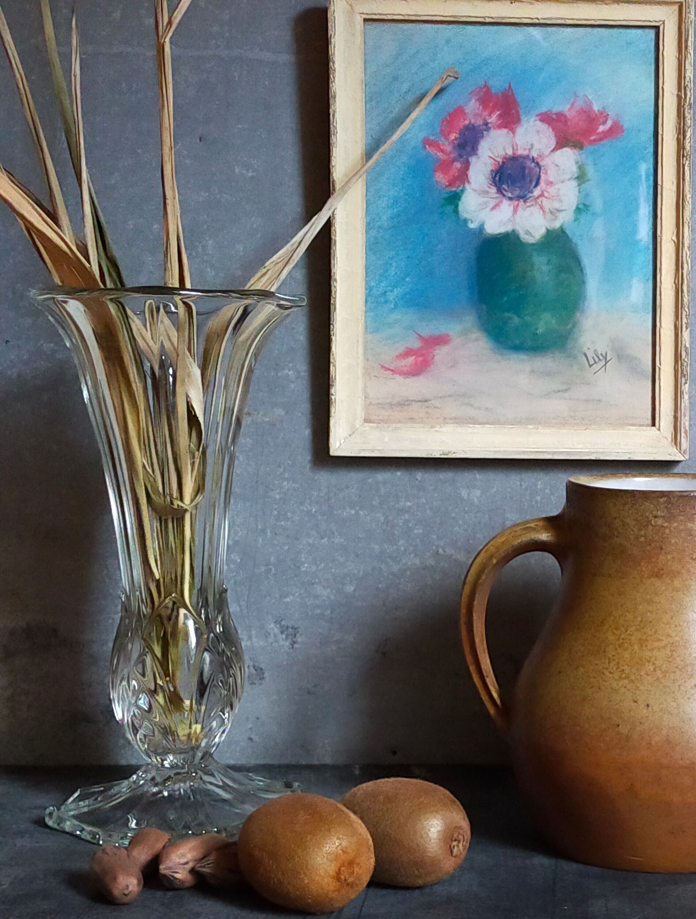 Pastel encadré "Les anémones" vintage