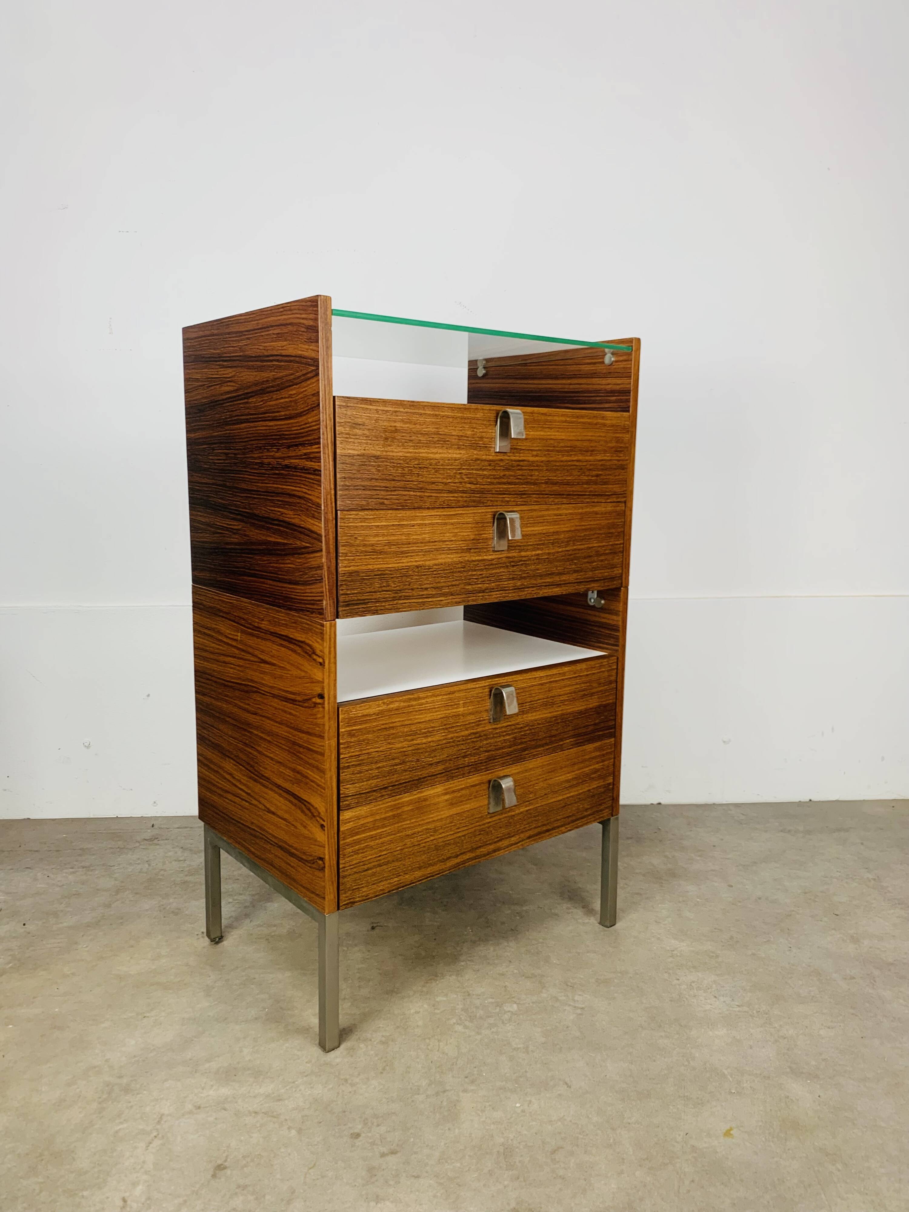 Rosewood and glass chest of drawers, 1960s, Scandinavian storage furniture.