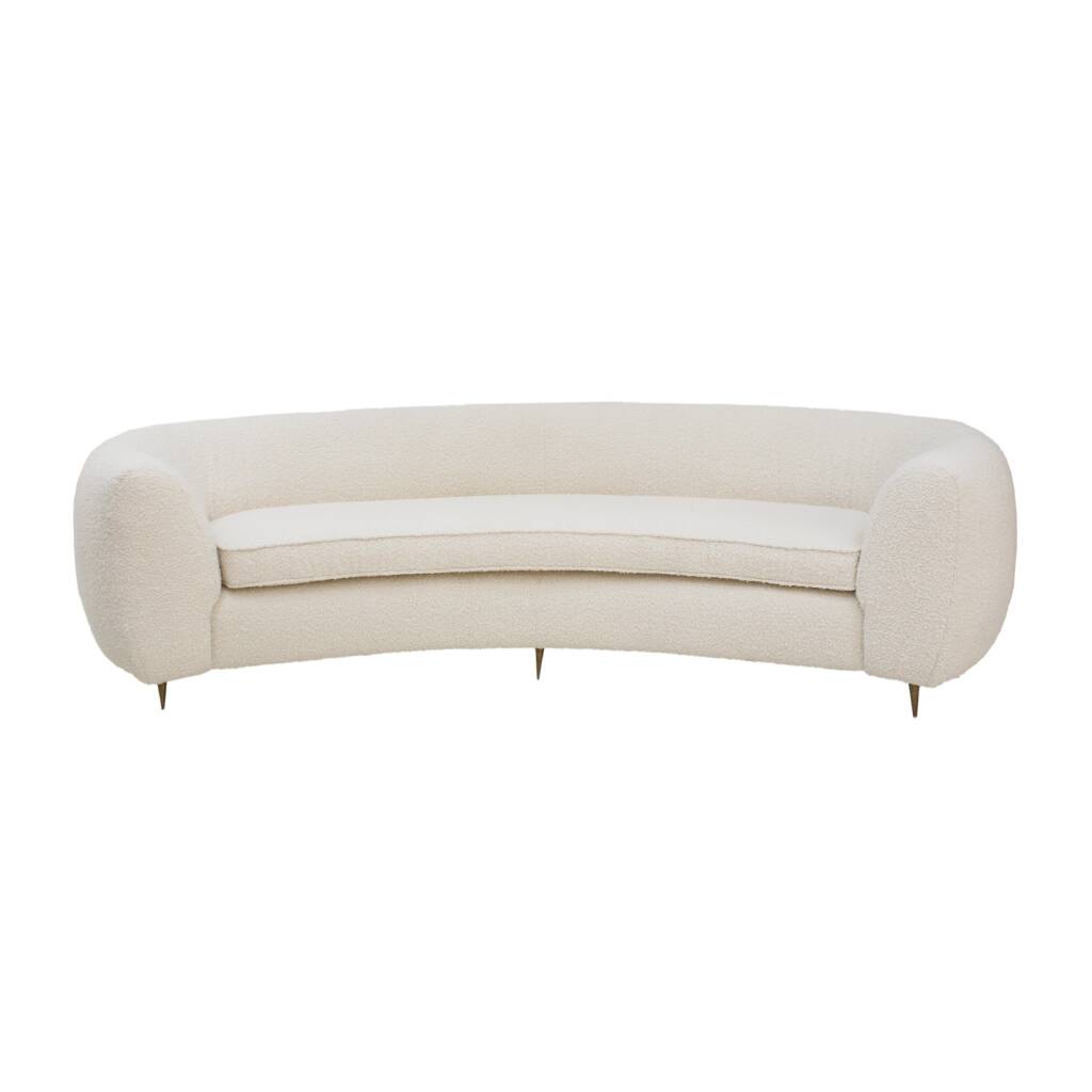 Curved Four-Seat Italian Sofa in White Bouclé Wool, Brass Legs