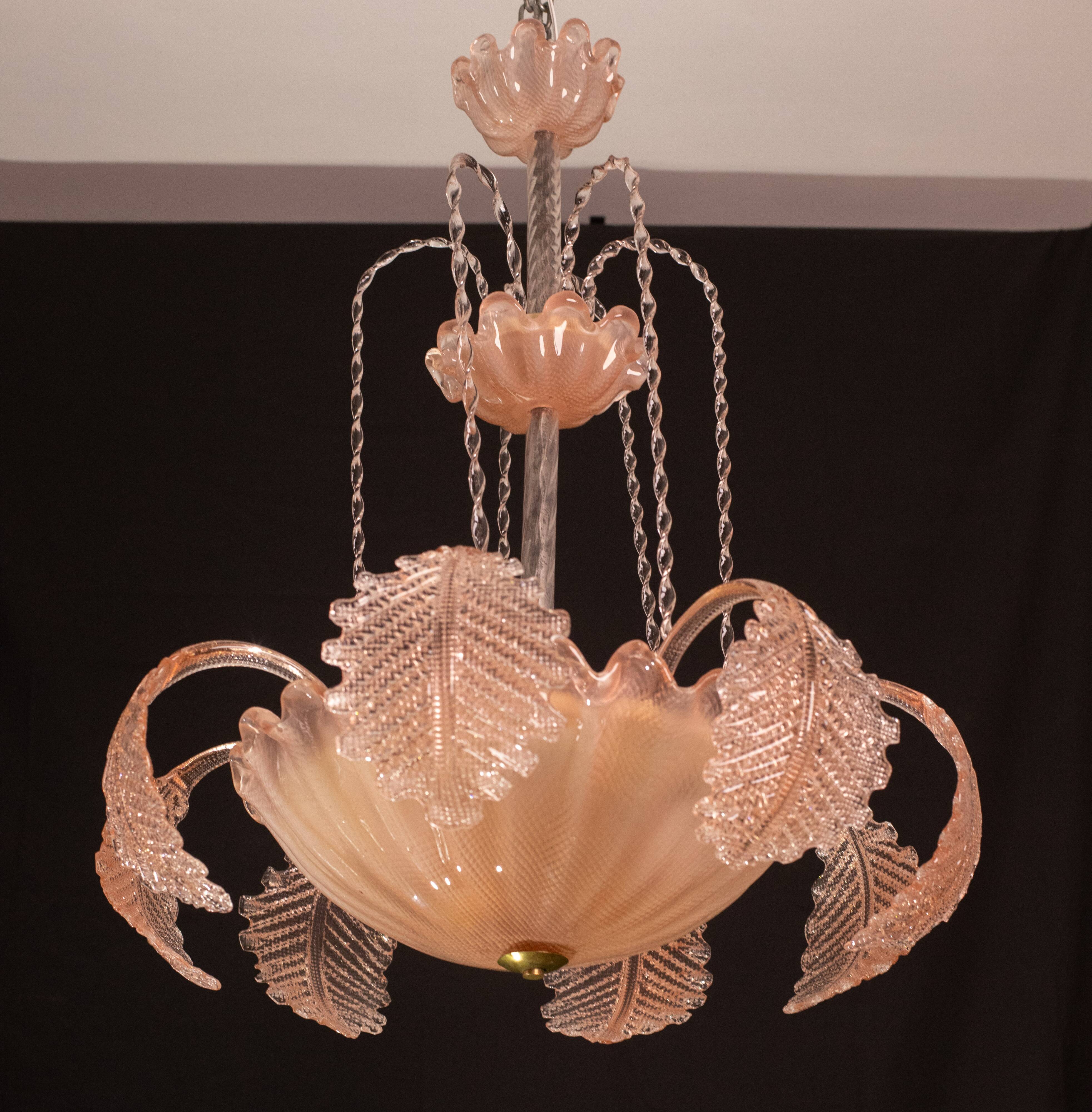 Pink Art Decò Barovier e Toso "Fountain" Pendant Light, Murano Glass, 1940s