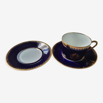 Limoges chocolate cup oven blue and 2 saucers