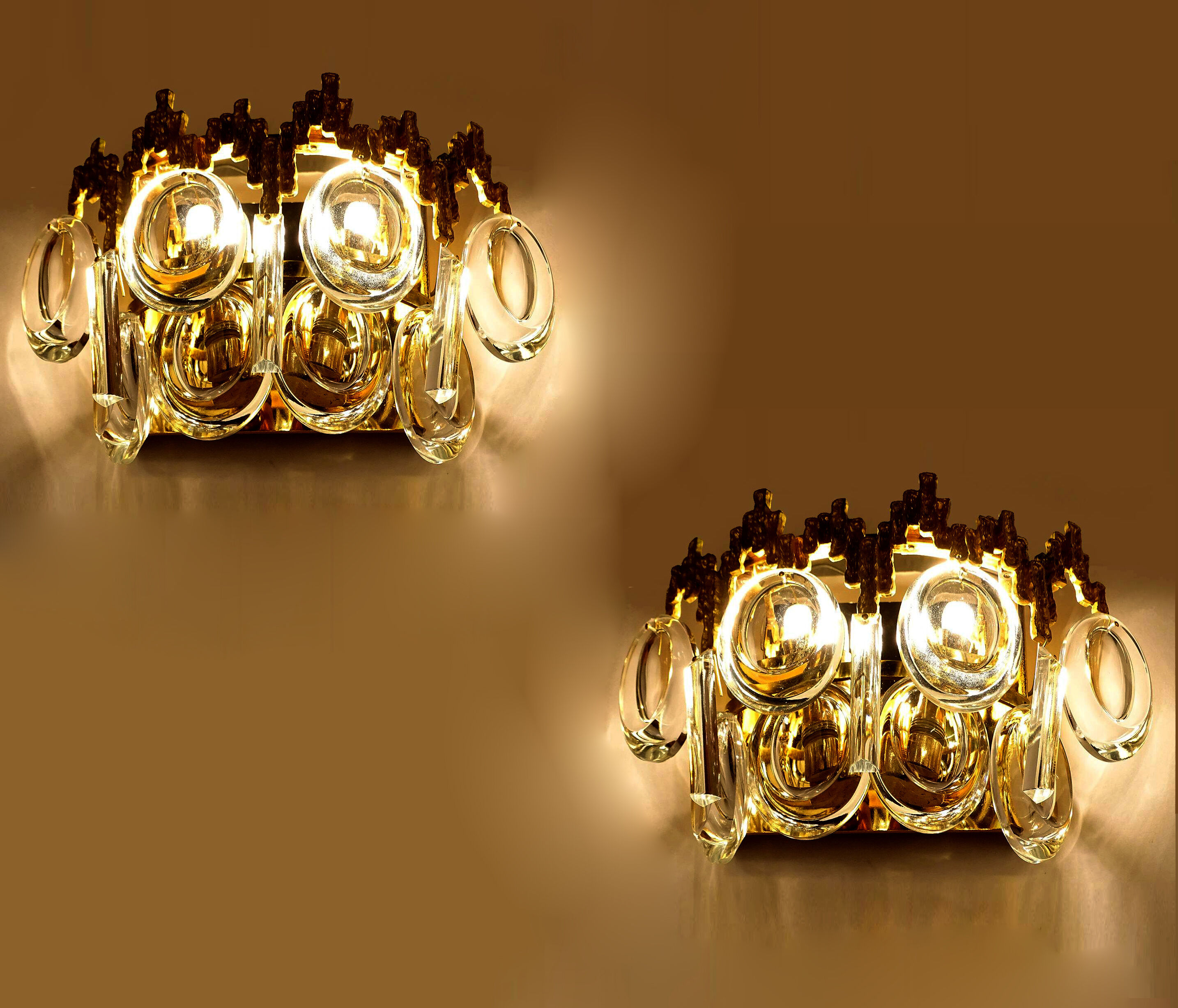 Pair of vintage wall lamps, gold fine gold, crystal, 60s