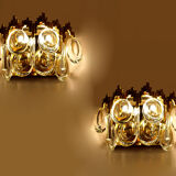 Pair of vintage wall lamps, gold fine gold, crystal, 60s