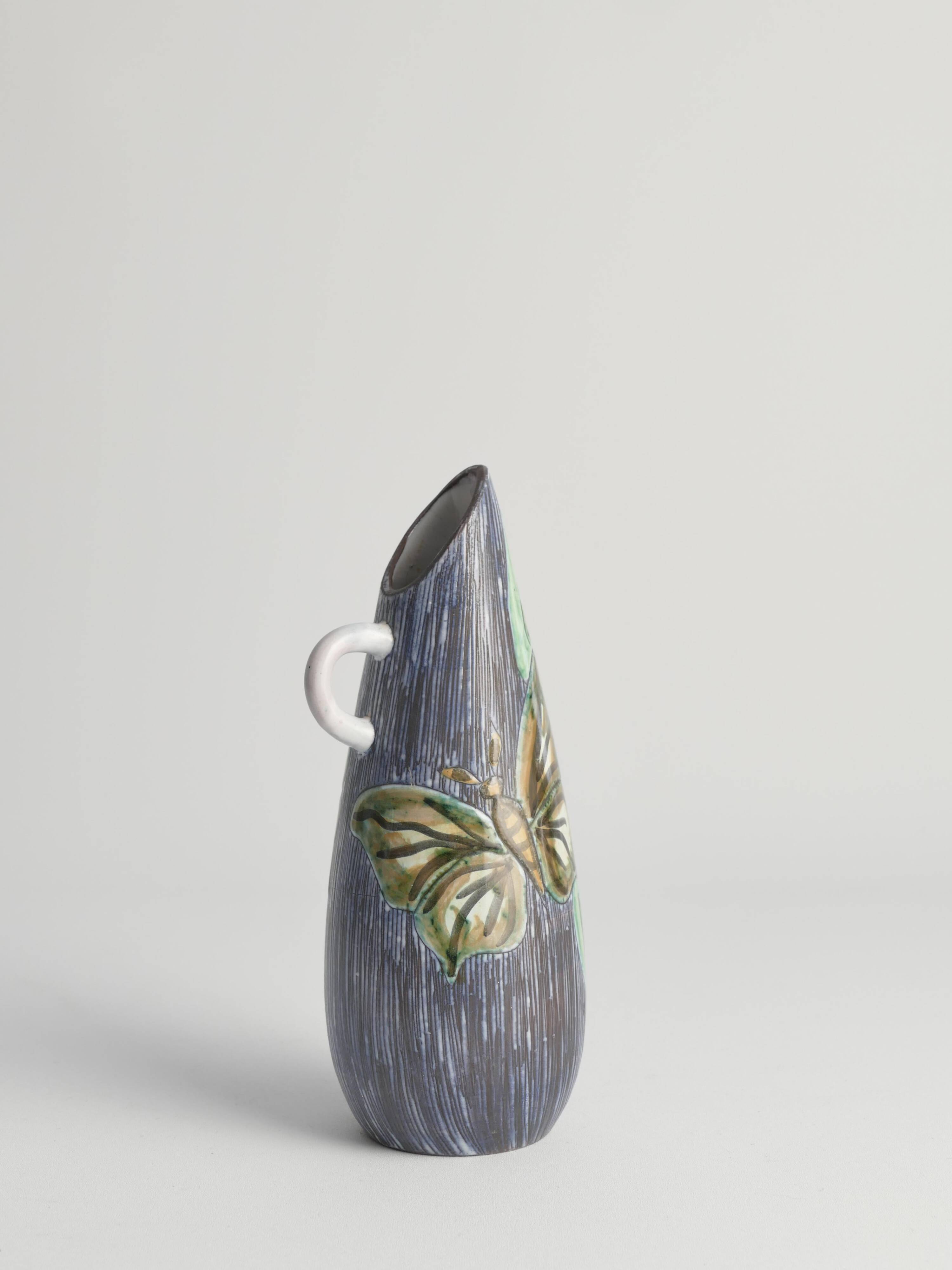 Mid-Century Modern Stoneware Vase with Sgraffito and Butterflies. Sweden, 1950s