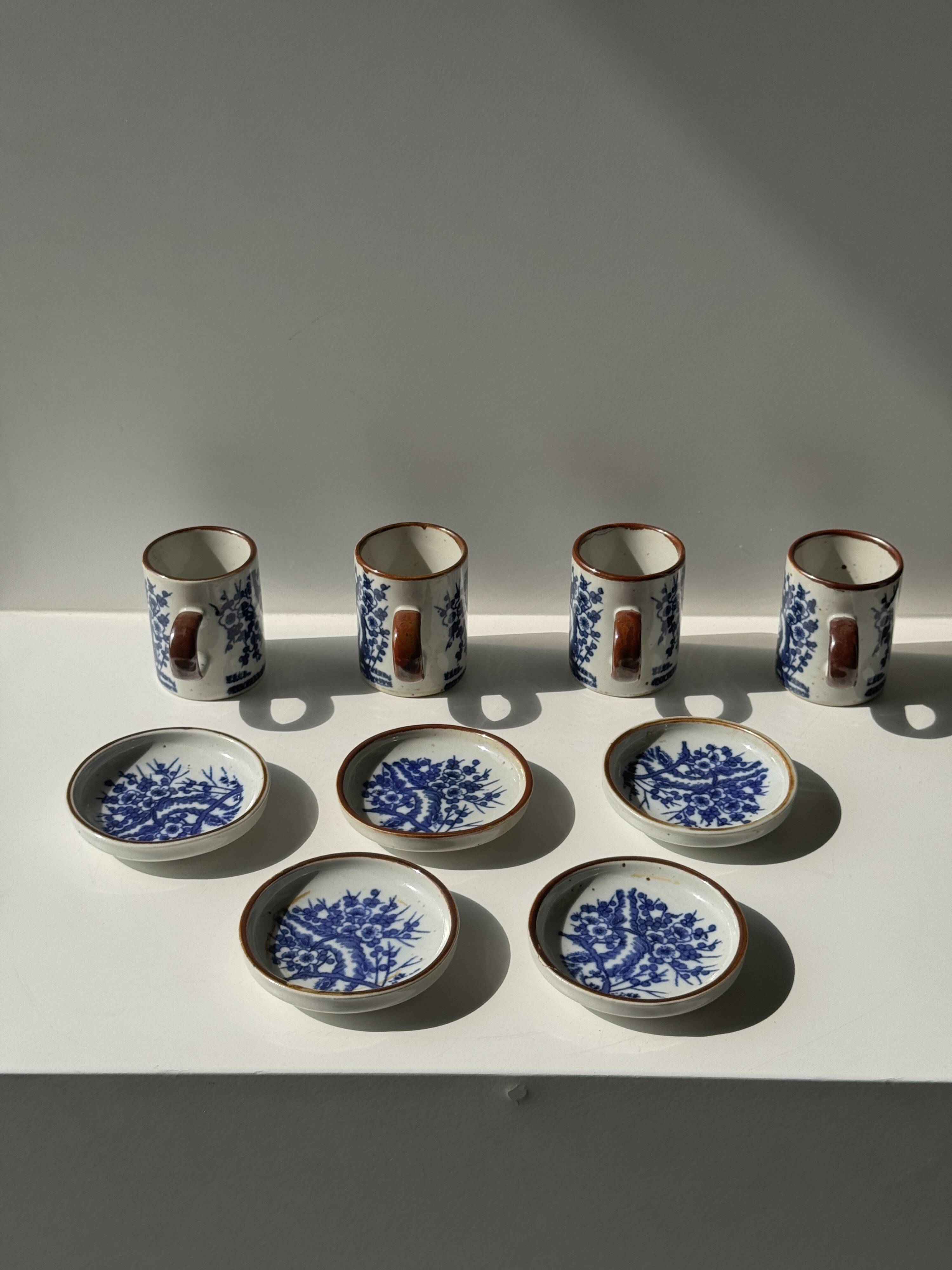 Set of 4 small cups and saucers with Asian blue landscape decor