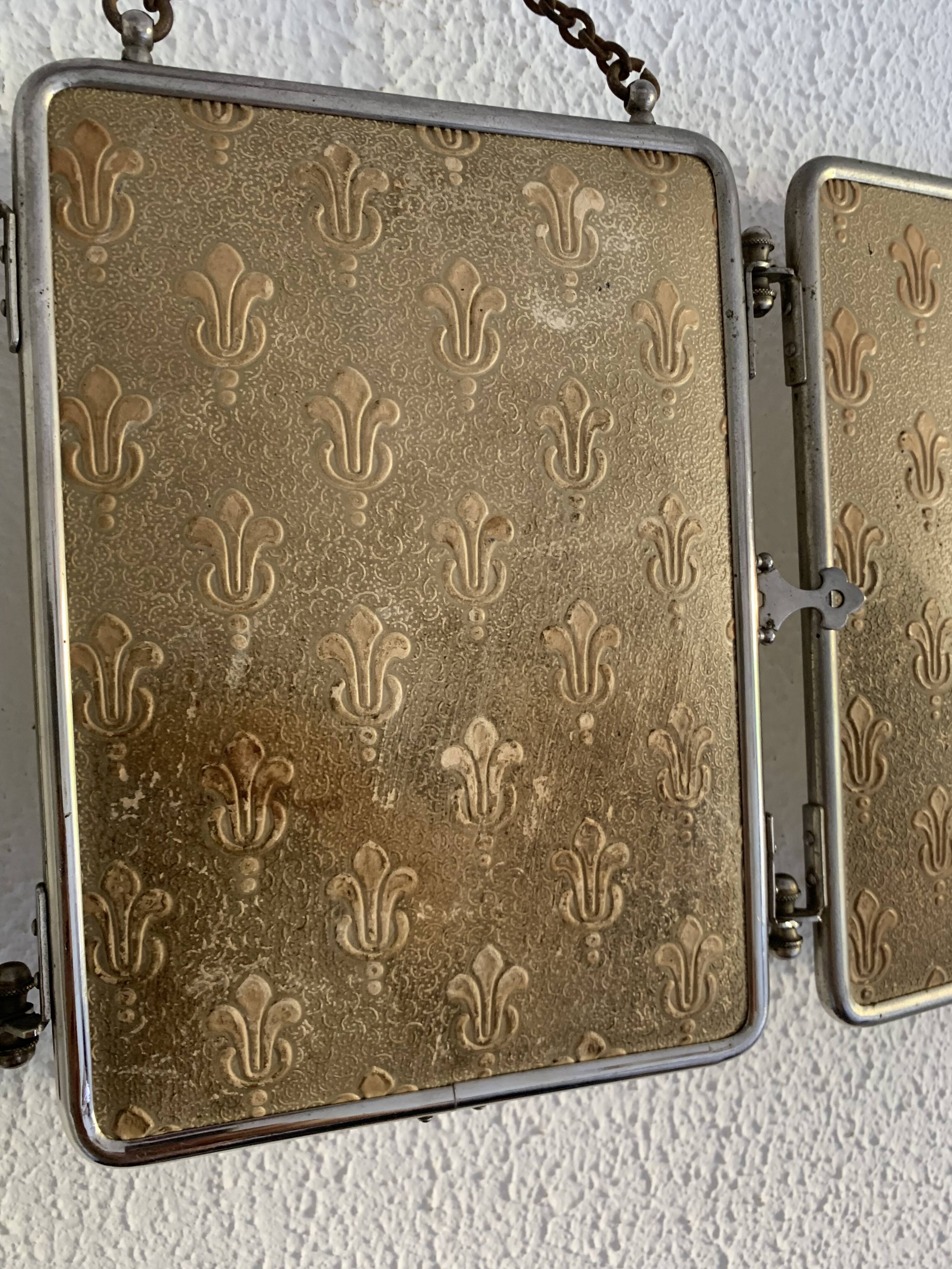 Miroir vintage 1910 triptyque barbier fleur de lys doré - 22 x 50 cm