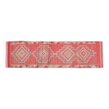 Tapis couloir vintage turc Oushak fait main en laine et coton rose 82x300 cm des années 1970