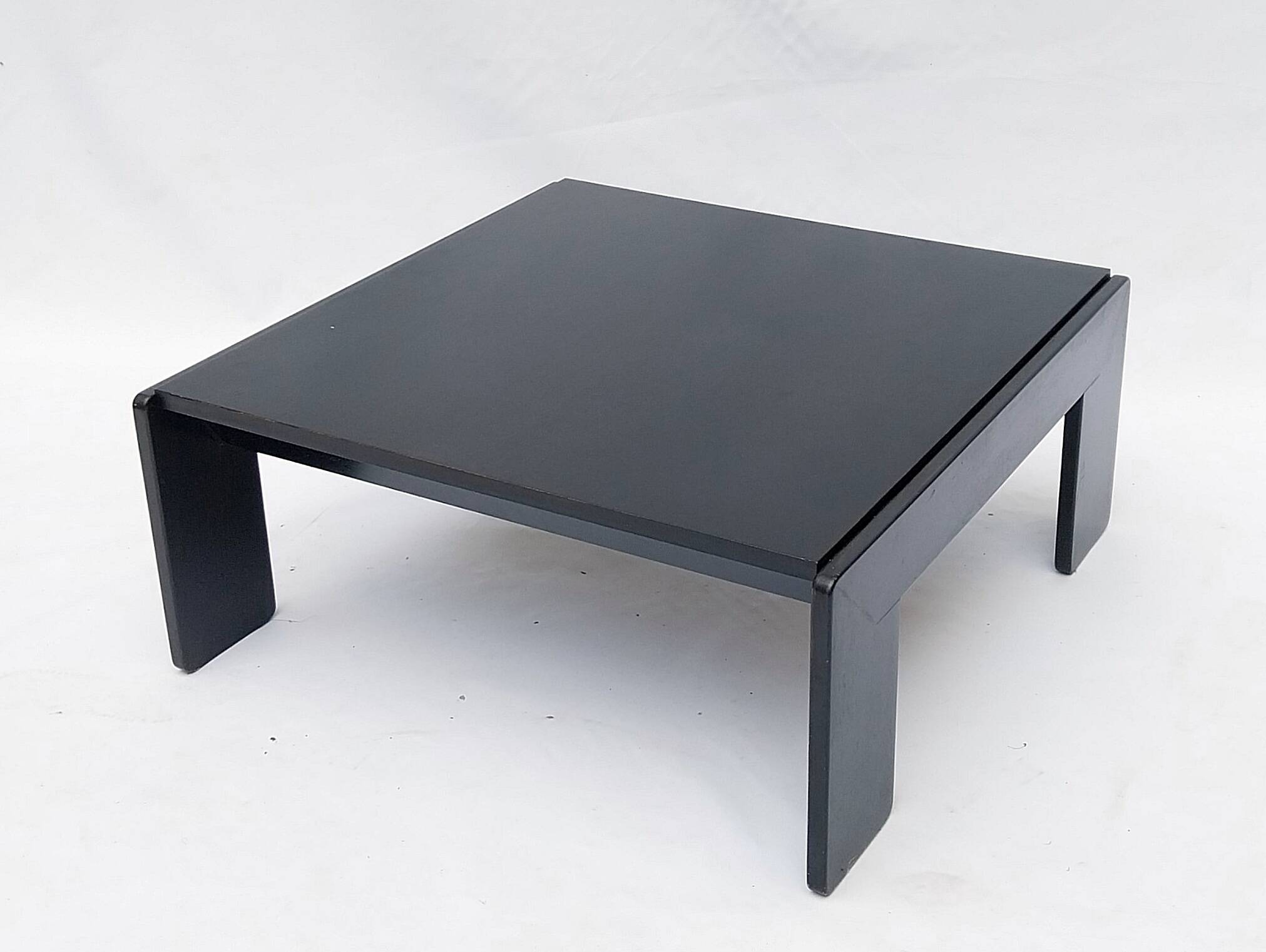 Square black lacquered wood coffee table design 1980