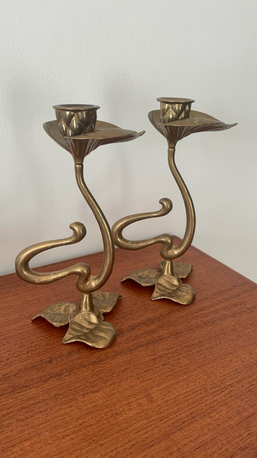 Set of 2 vintage candle holders bronze alloy – Metal flower candle holders gold