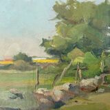 Vintage Modernist Landscape Scene Oil Painting H. Ostergren 1951