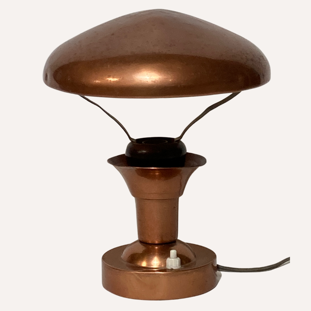 Copper and teak table lamp, France 1950s