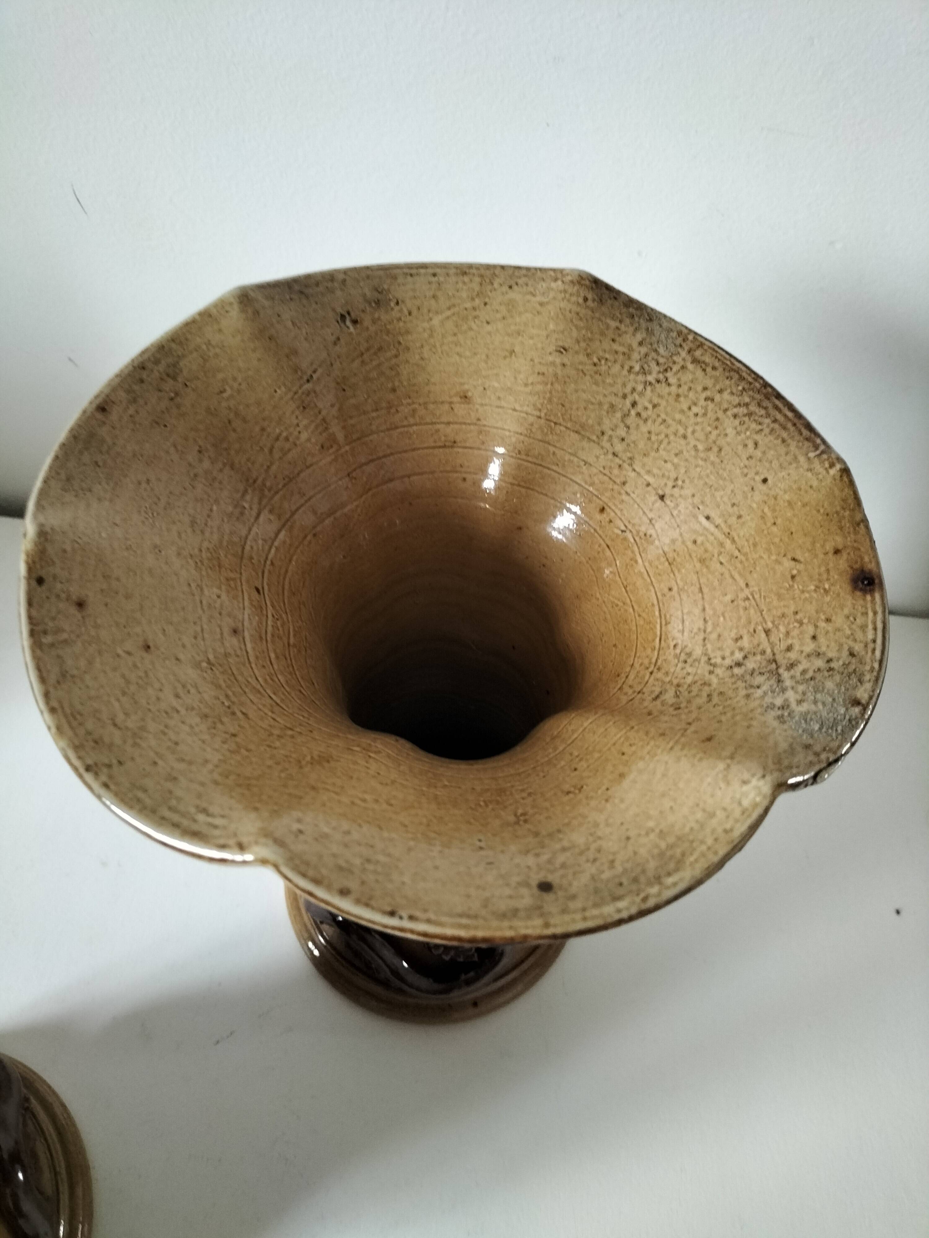 Duo of naturalistic stoneware vases – oak branches & acorns in relief