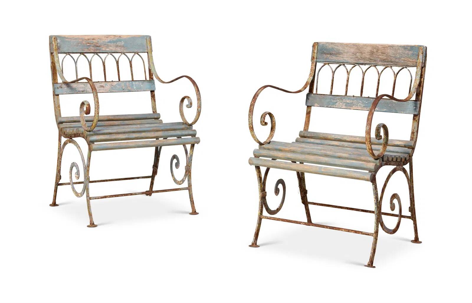 4 20TH CENTURY PAINTED WOOD AND METAL GARDEN CHAIRS