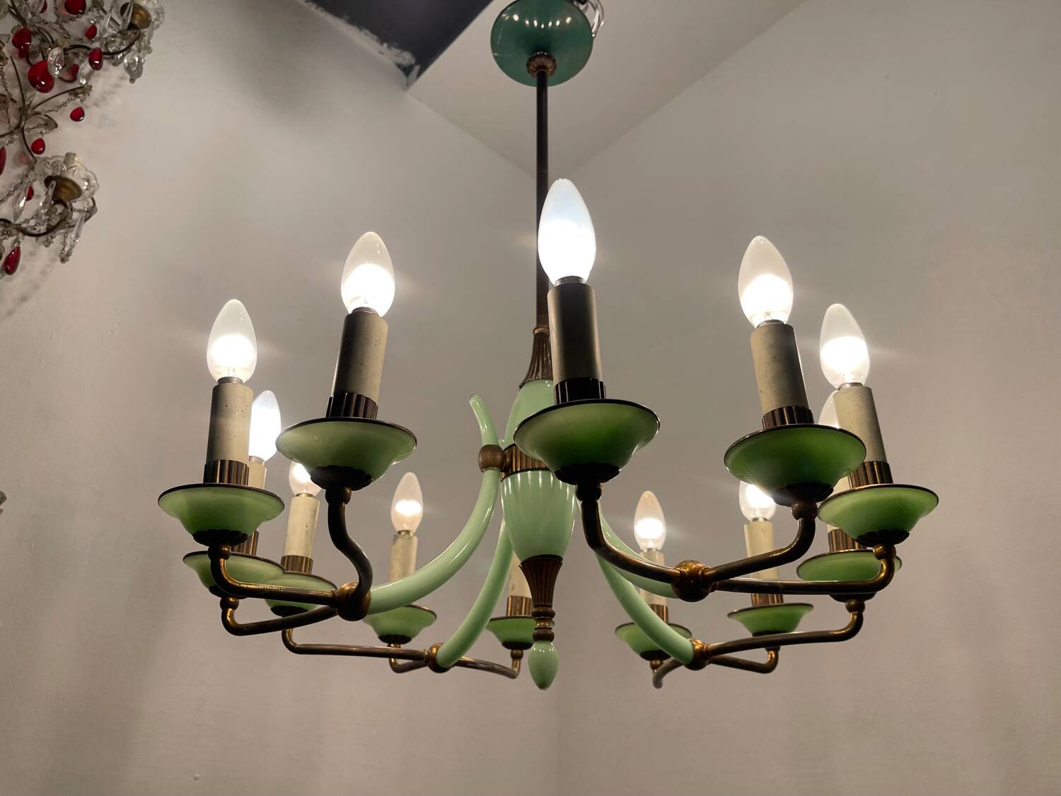 1950’s Opaline Glass Bronze Chandelier