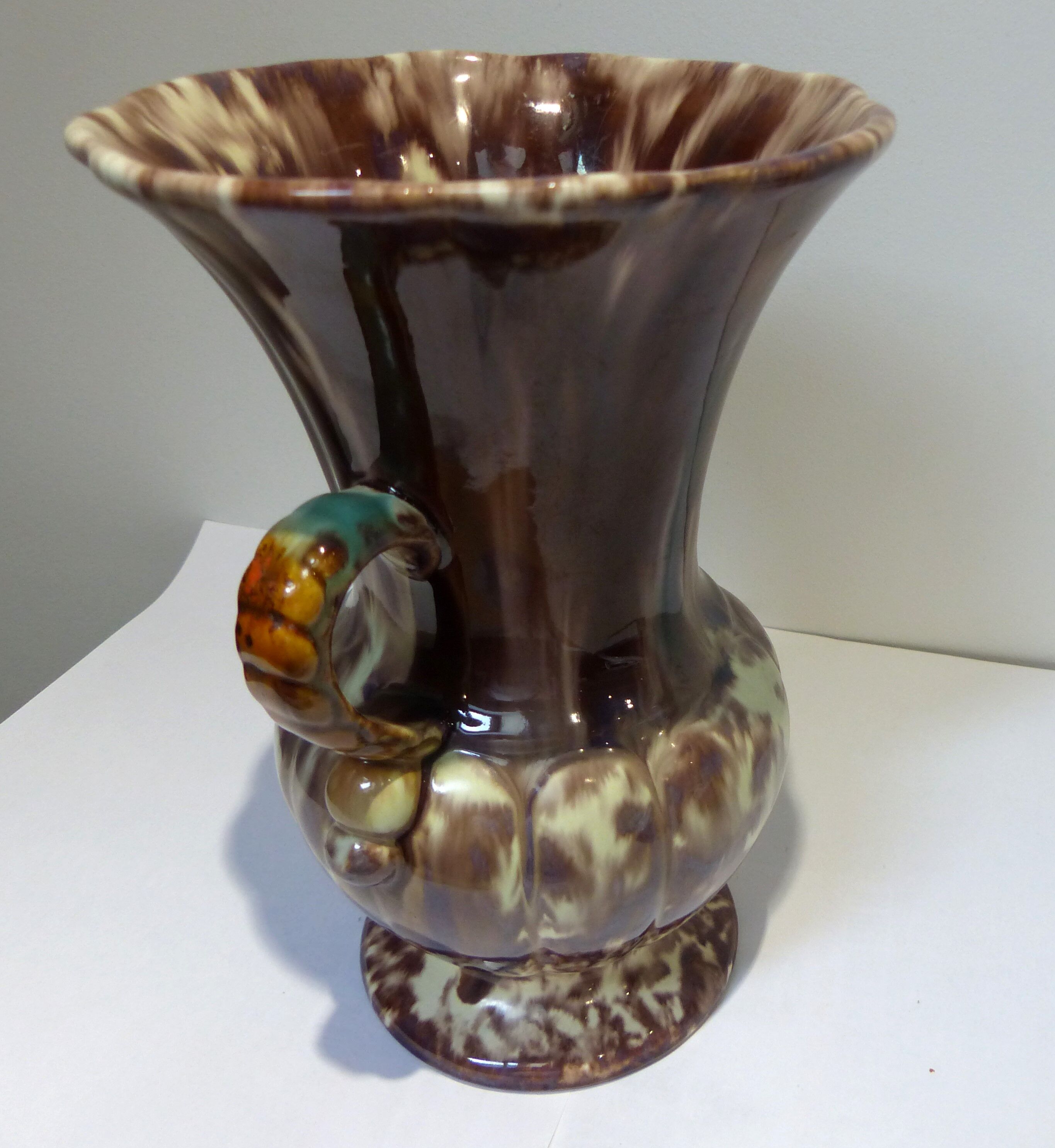 Vintage antique ceramic vase marbled brown white