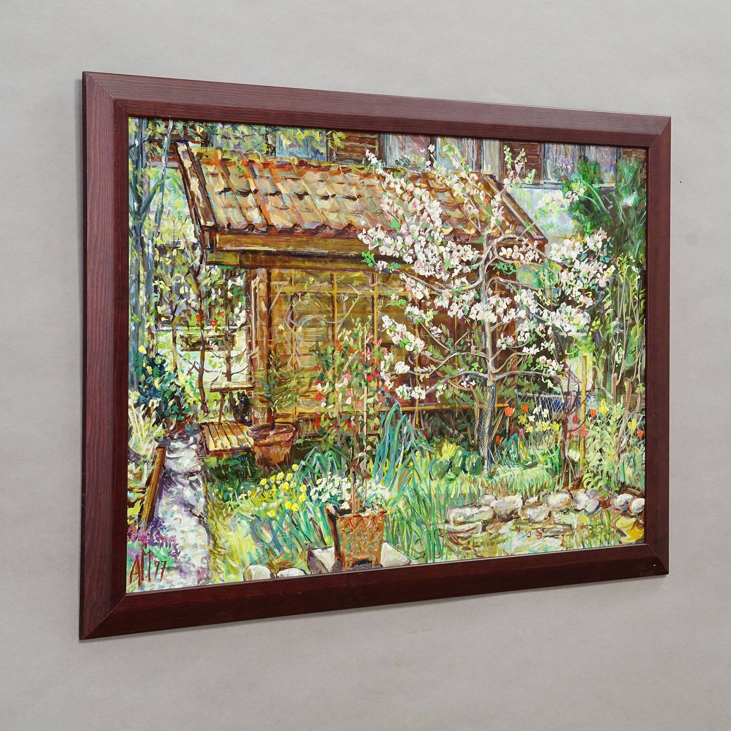 Garden with flowering apple tree – oil painting by Alexander Michael, 1997
