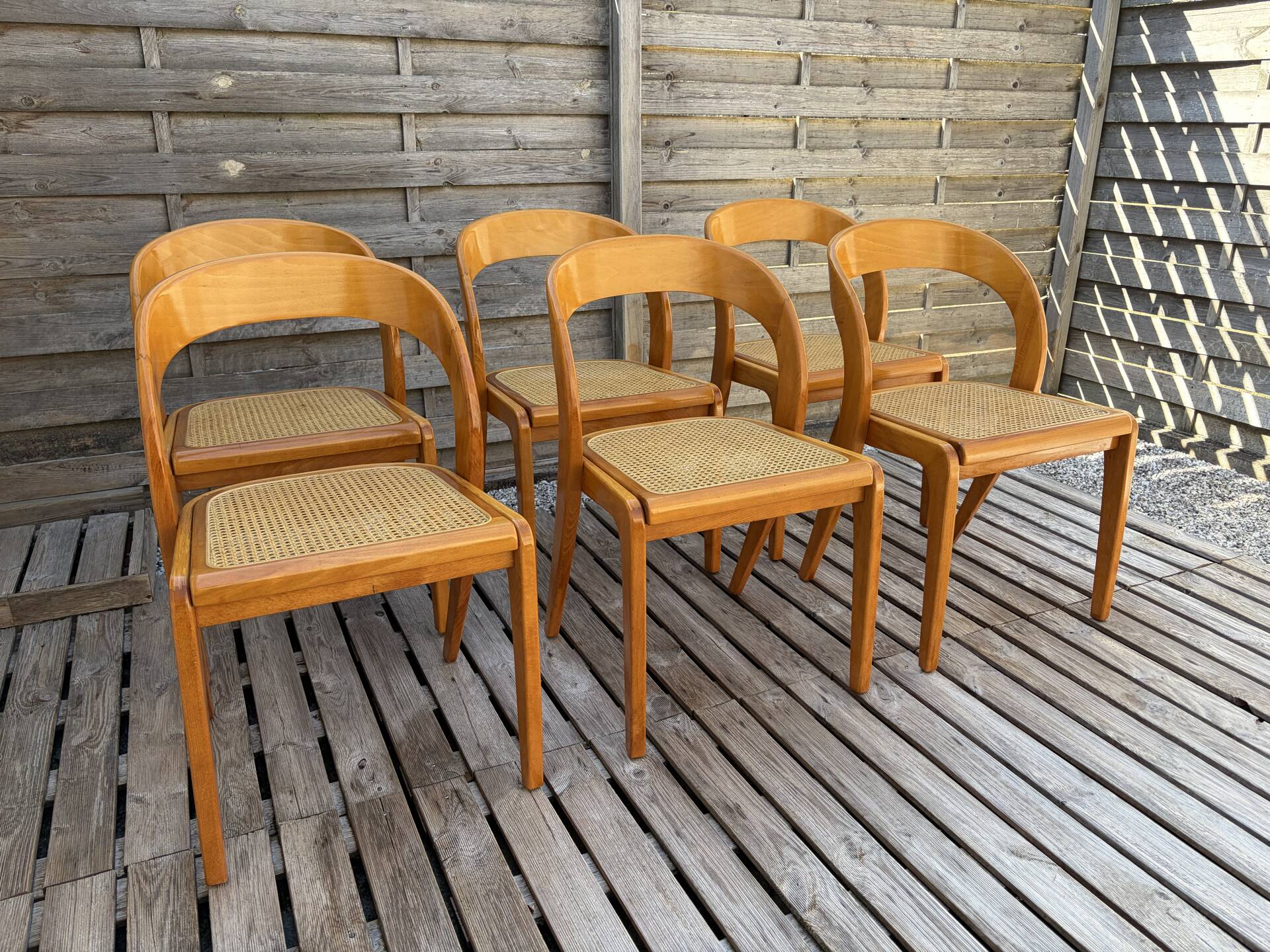 Set of 6 caned chairs by Baumann, gondola model.