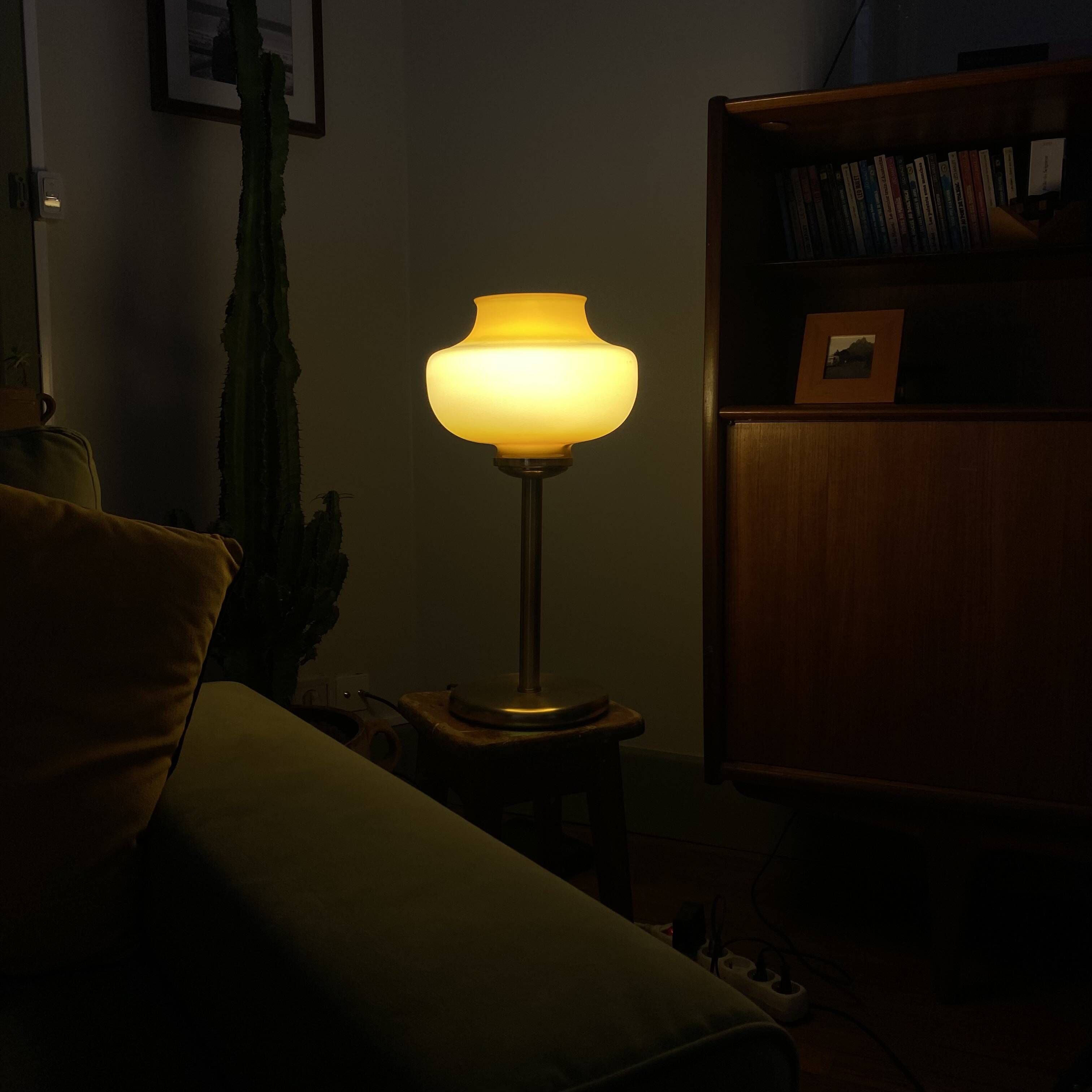 Large vintage lamp with brown and yellow opaline glass and brass.