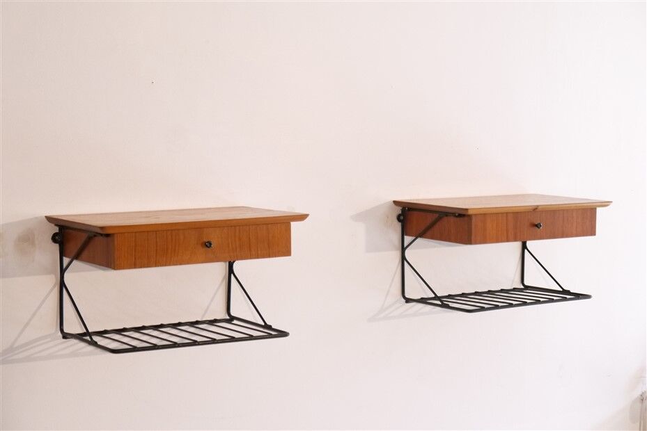 Pair of Scandinavian bedside tables to hang in teak 1960