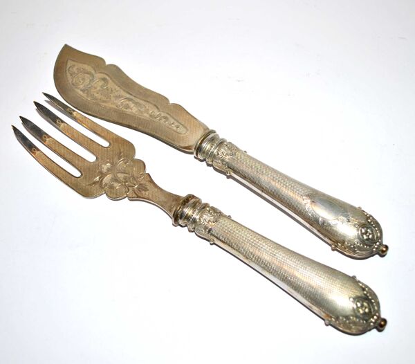Service à poisson en Argent fourré ancien - Couvert de service gravé et guilloché Napoléon III