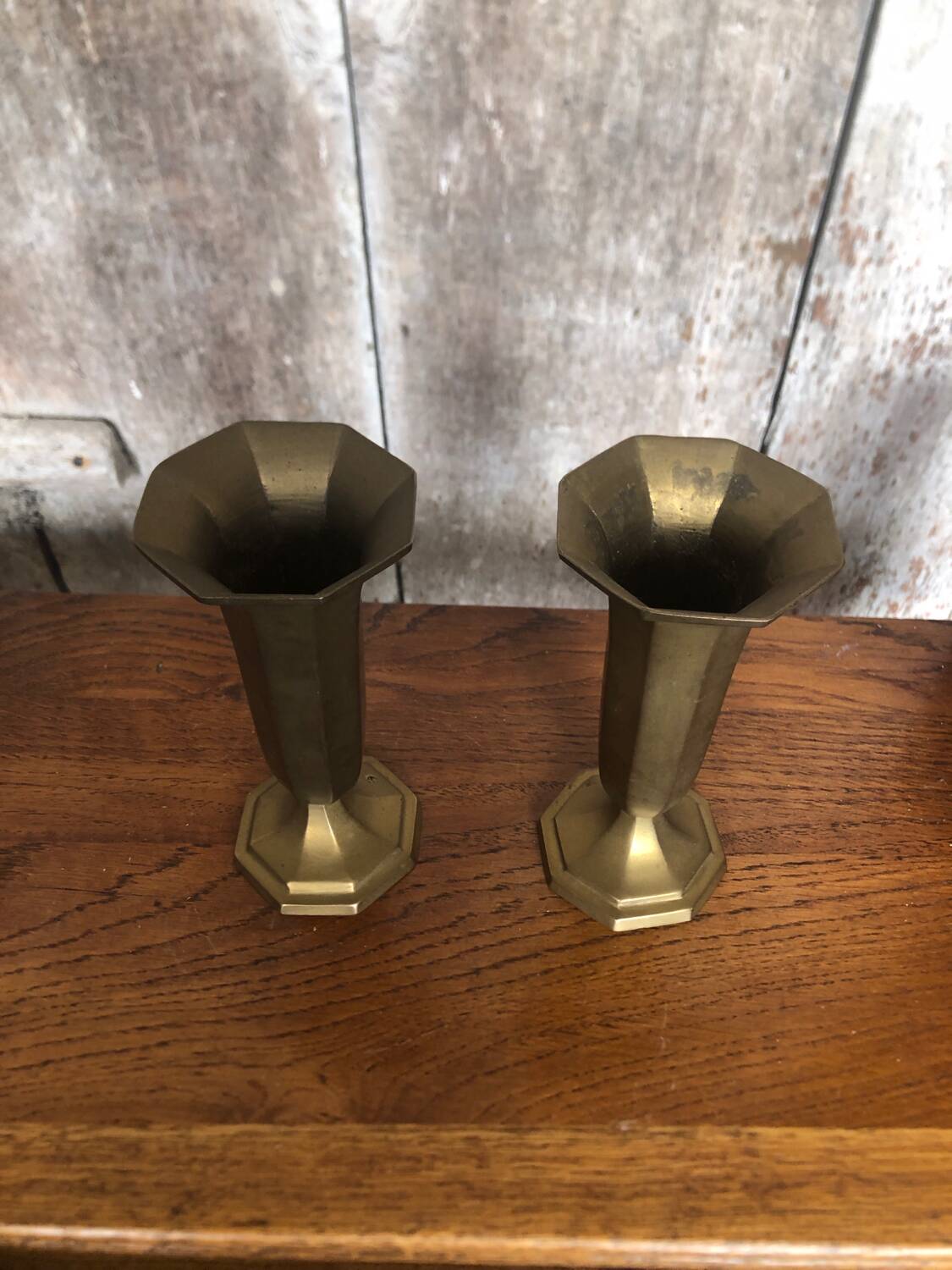 Pair of old art deco vases in vintage brass
