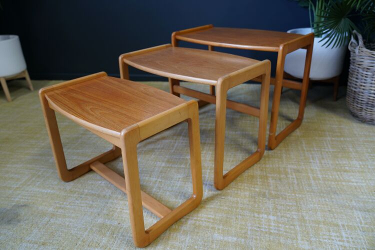 Swedish pale teak nesting tables set of three