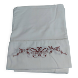 Antique white cotton tablecloth with red embroidery 135 x 145 cm