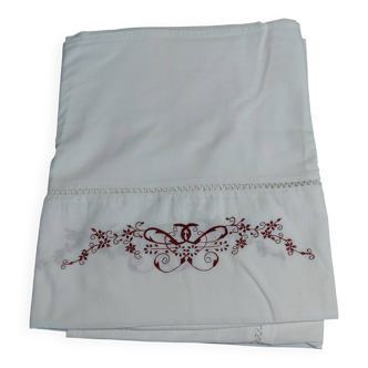 Nappe ancienne en coton blanc brodé rouge
