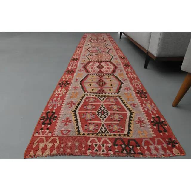 1970s Vintage Turkish Oushak Handmade Wool Cotton Red Runner Rug 70x354