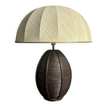 Pencil reed rattan bamboo extra large table lamp with mushroom shade, 1970s