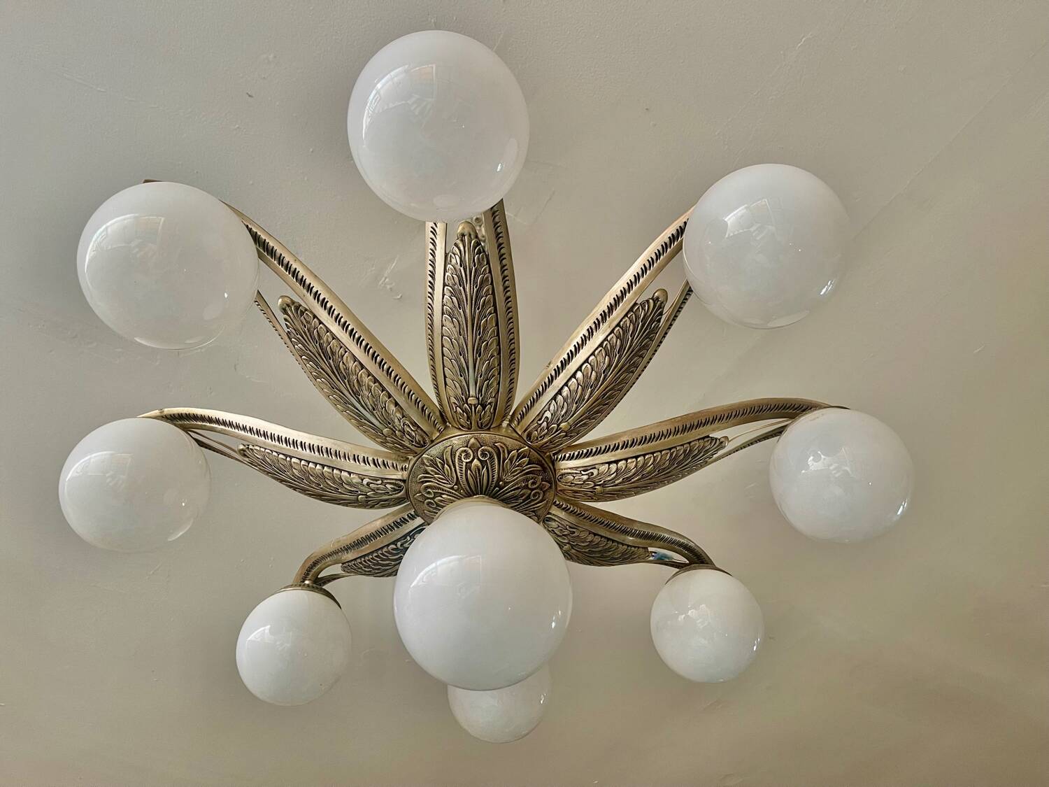 Art Deco ceiling light in bronze with 9 glass globes, France 1935