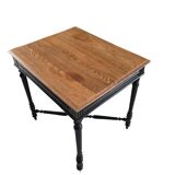 Antique solid wood table, raw top and turned legs.