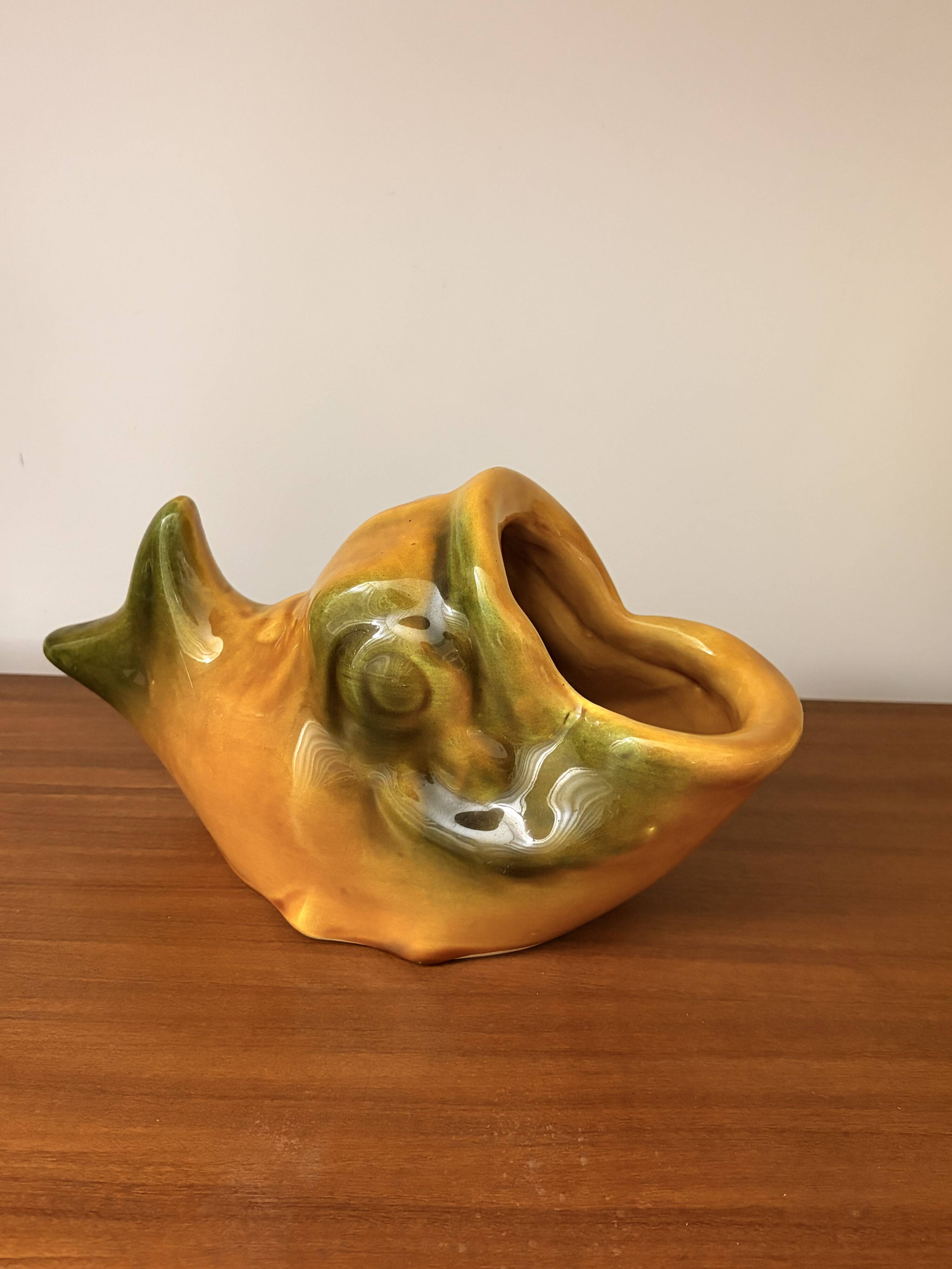 Saucière poisson Vallauris en faïence orange et vert vintage 60s/70s