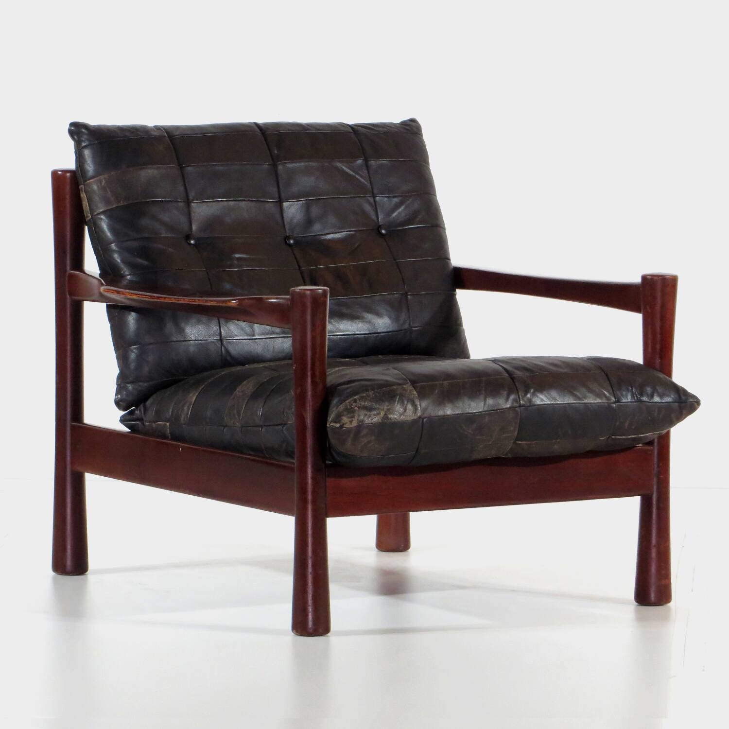 Vintage Mid Century Black Leather Patchwork Lounge Chair, 1960s