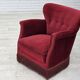 1970s, Danish armchair, cherry-red furniture velour, oak wood legs.