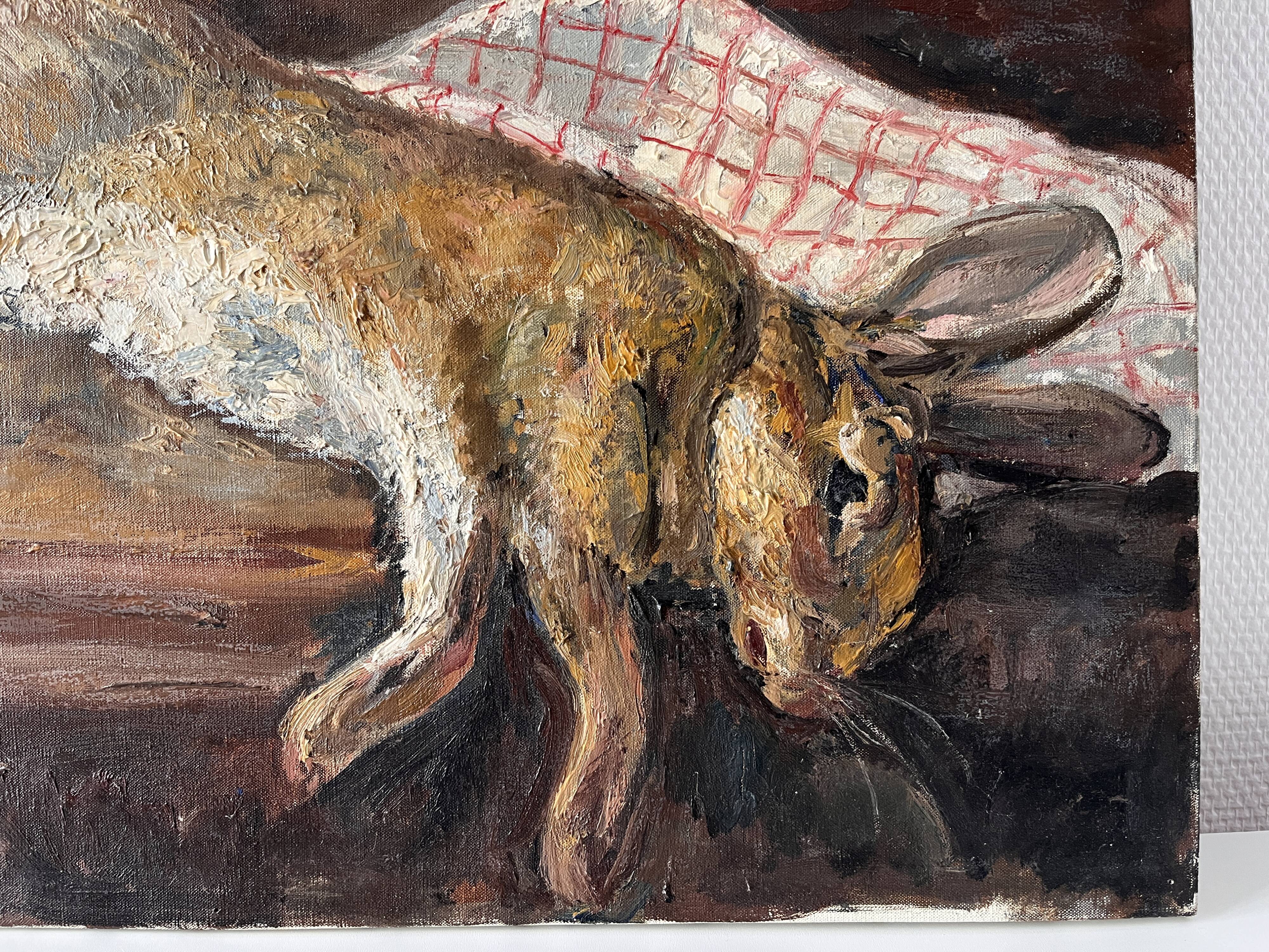 Oil painting on canvas of a still life with a hare circa 1950
