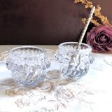 Glass salt and pepper shaker set with vintage serving spoon