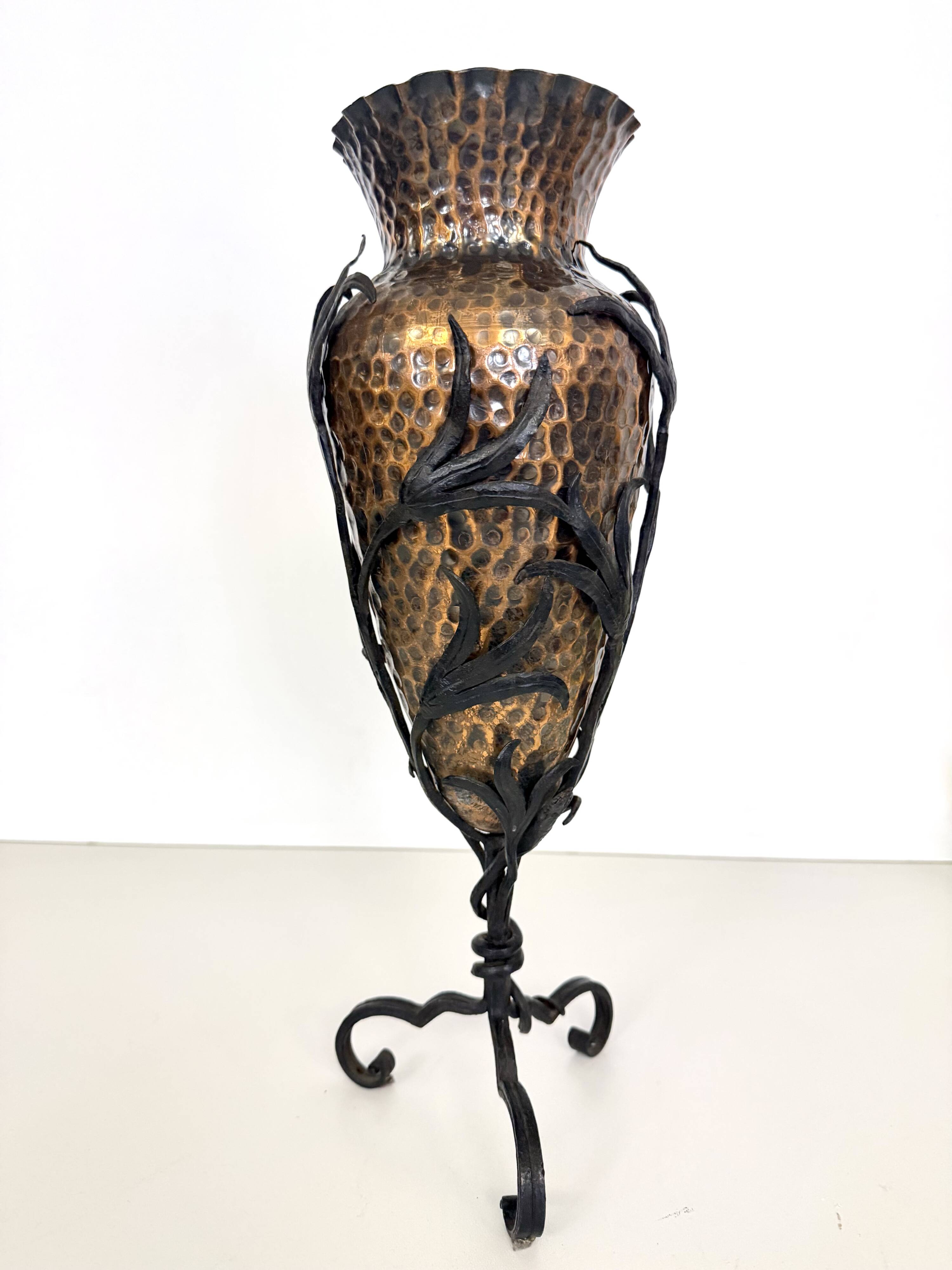 Copper Vase with Wrought Iron Snake and Leaves attr. to Alessandro Mazzucot