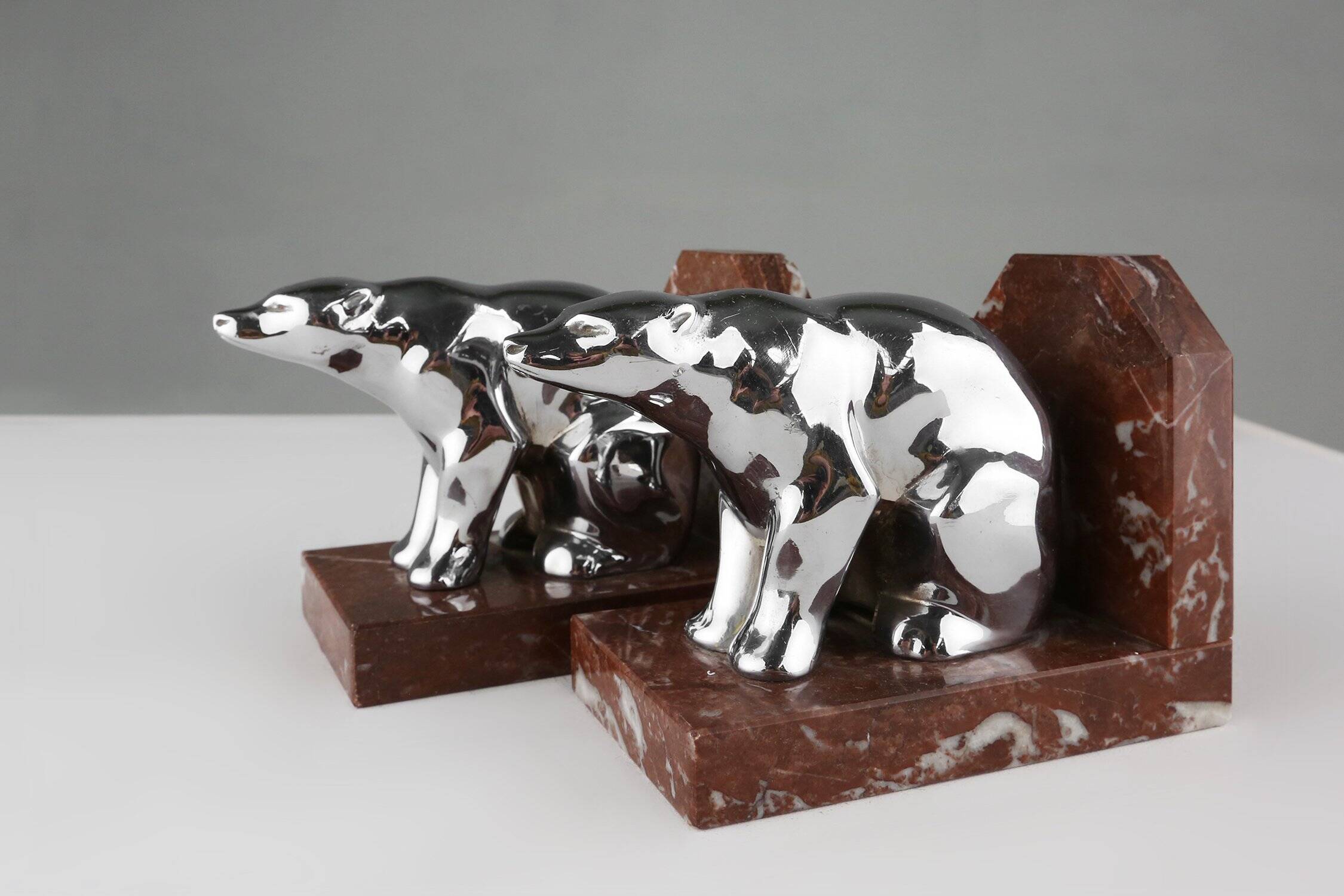 Art Deco Marble and Metal Bear Bookends, France 1930s