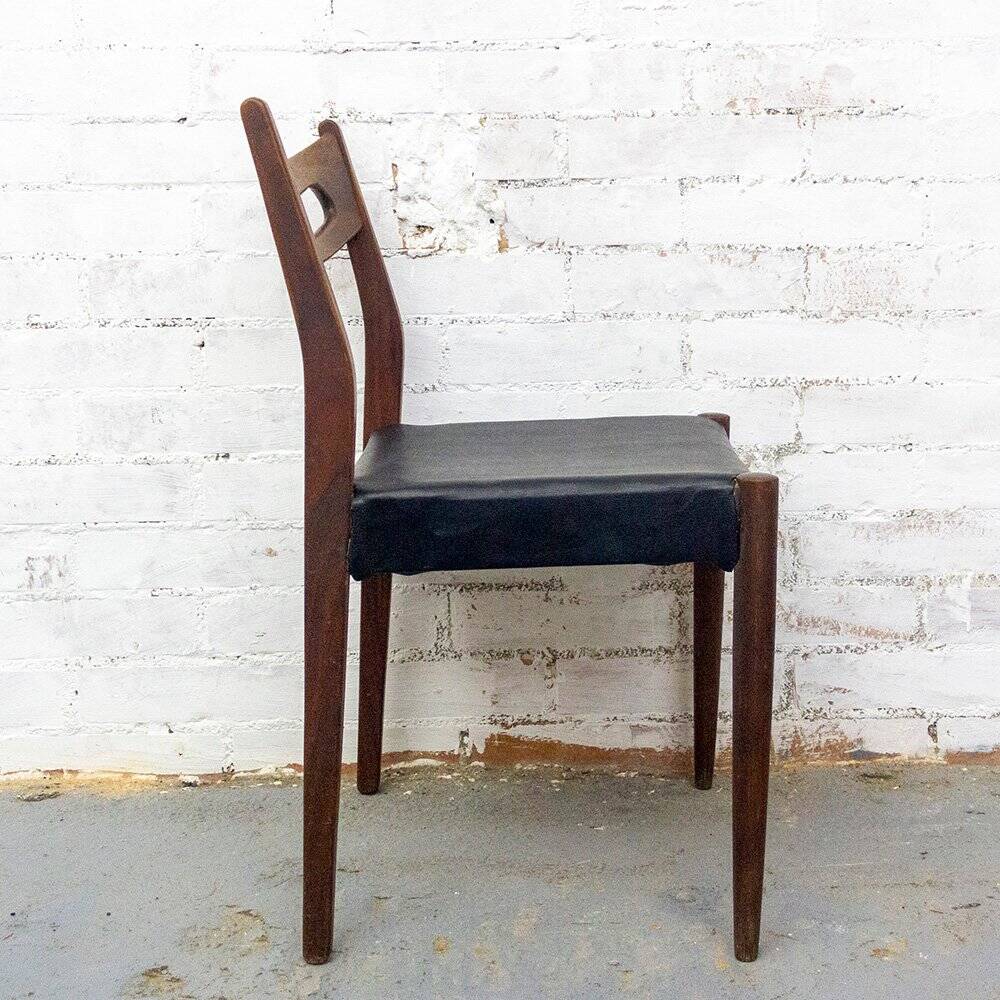 Teak and Black Leatherette Chairs, 1950s, Set of 6