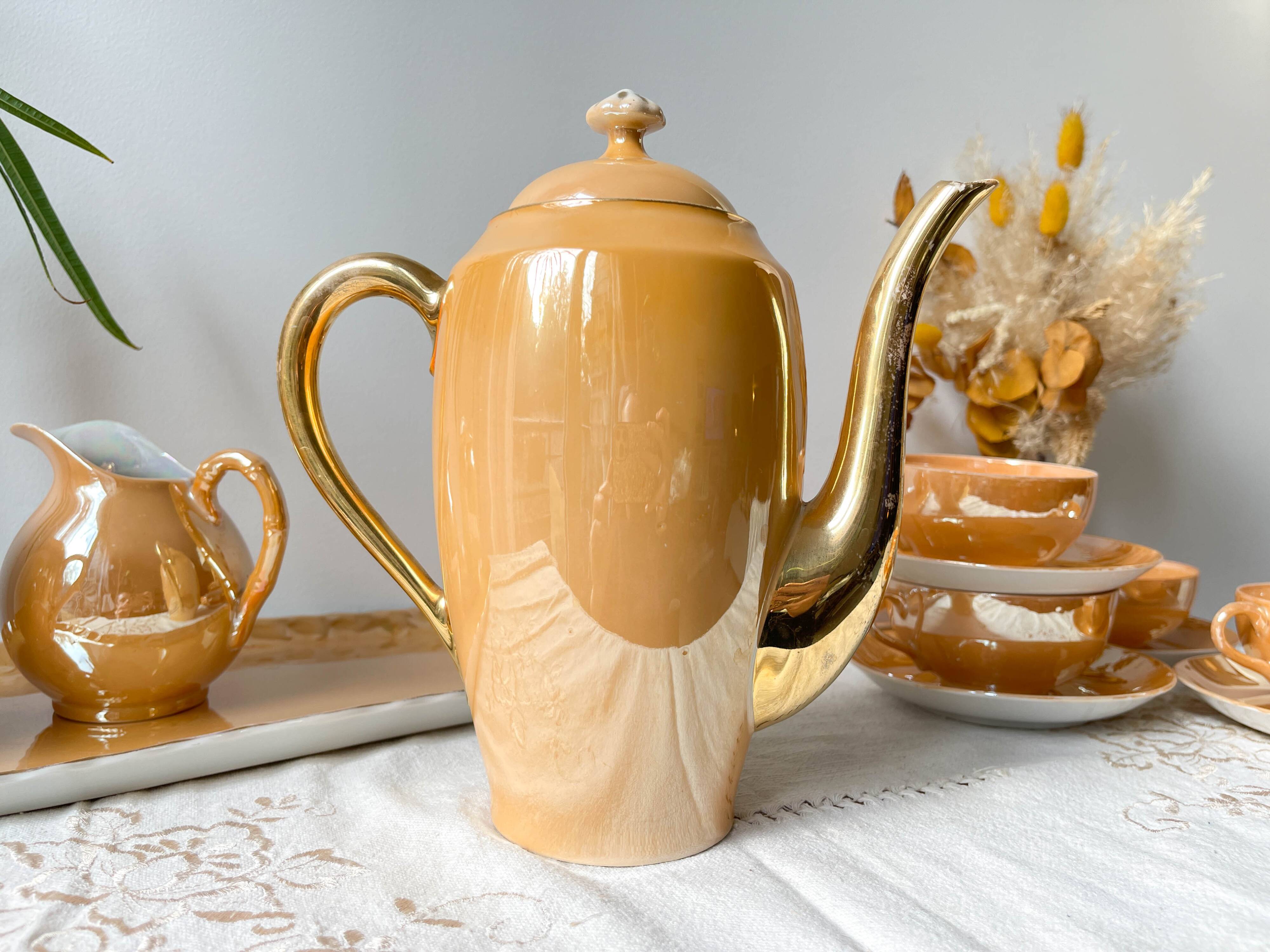 Vintage Czecho-Slovakia Victoria China Iridescent Peach Lustre Tea Set 1950s