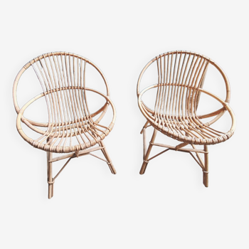 Pair of vintage rattan shell armchairs 1960