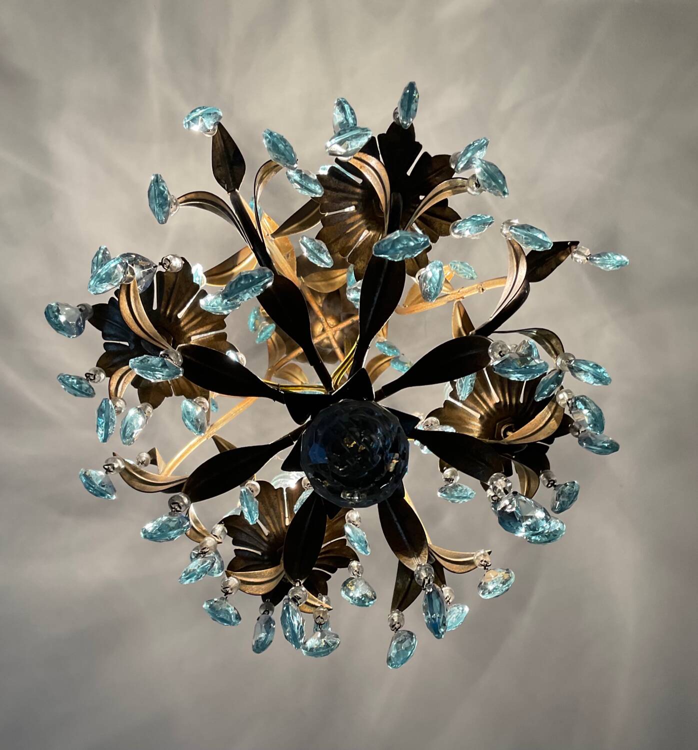 Antique Italian chandelier with cage and blue tassels